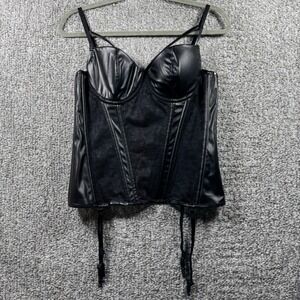 Charmian Corset Bustier Top Black Garter Straps Faux Leather Lace Caged Goth XXL